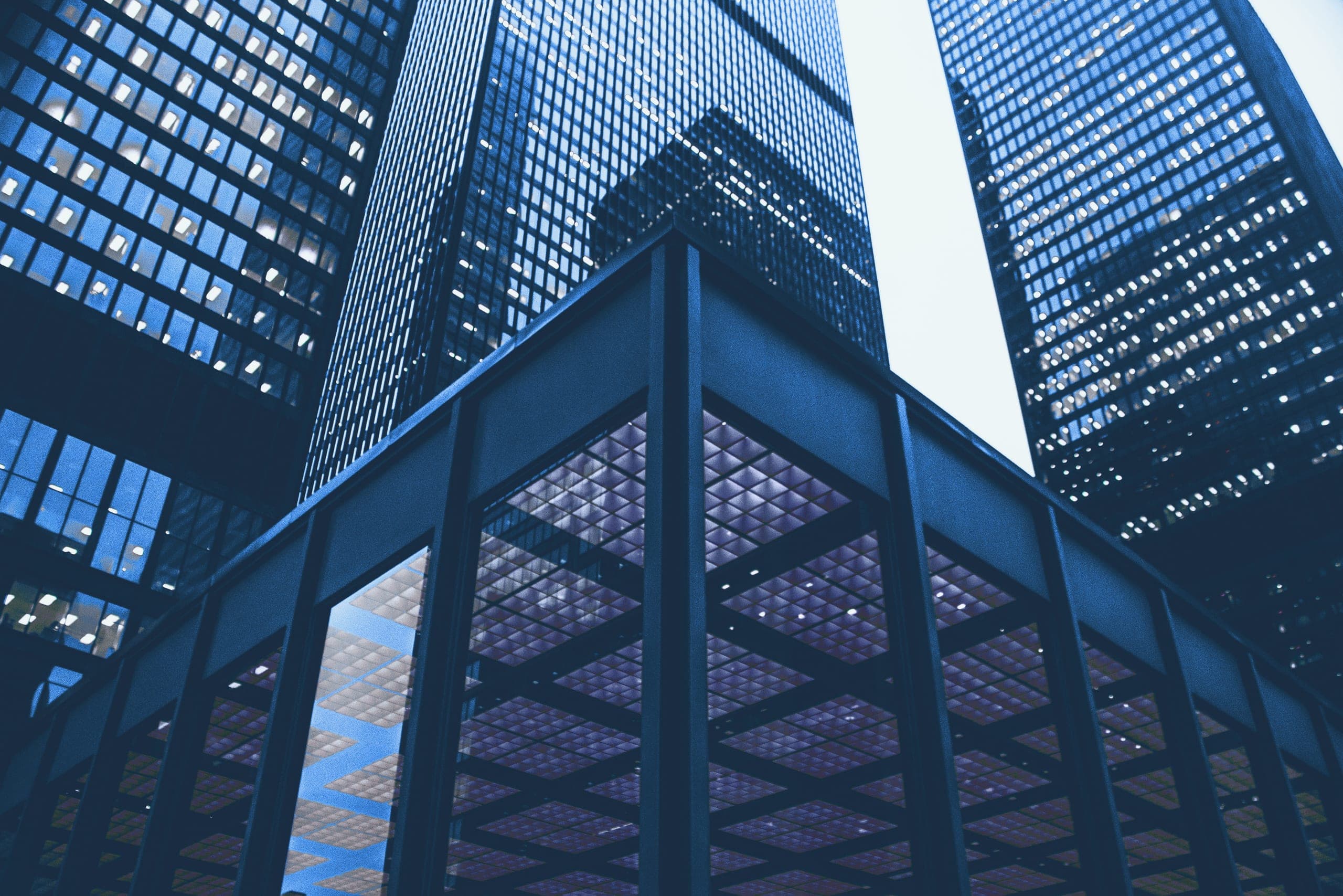 Looking up at glass office towers
