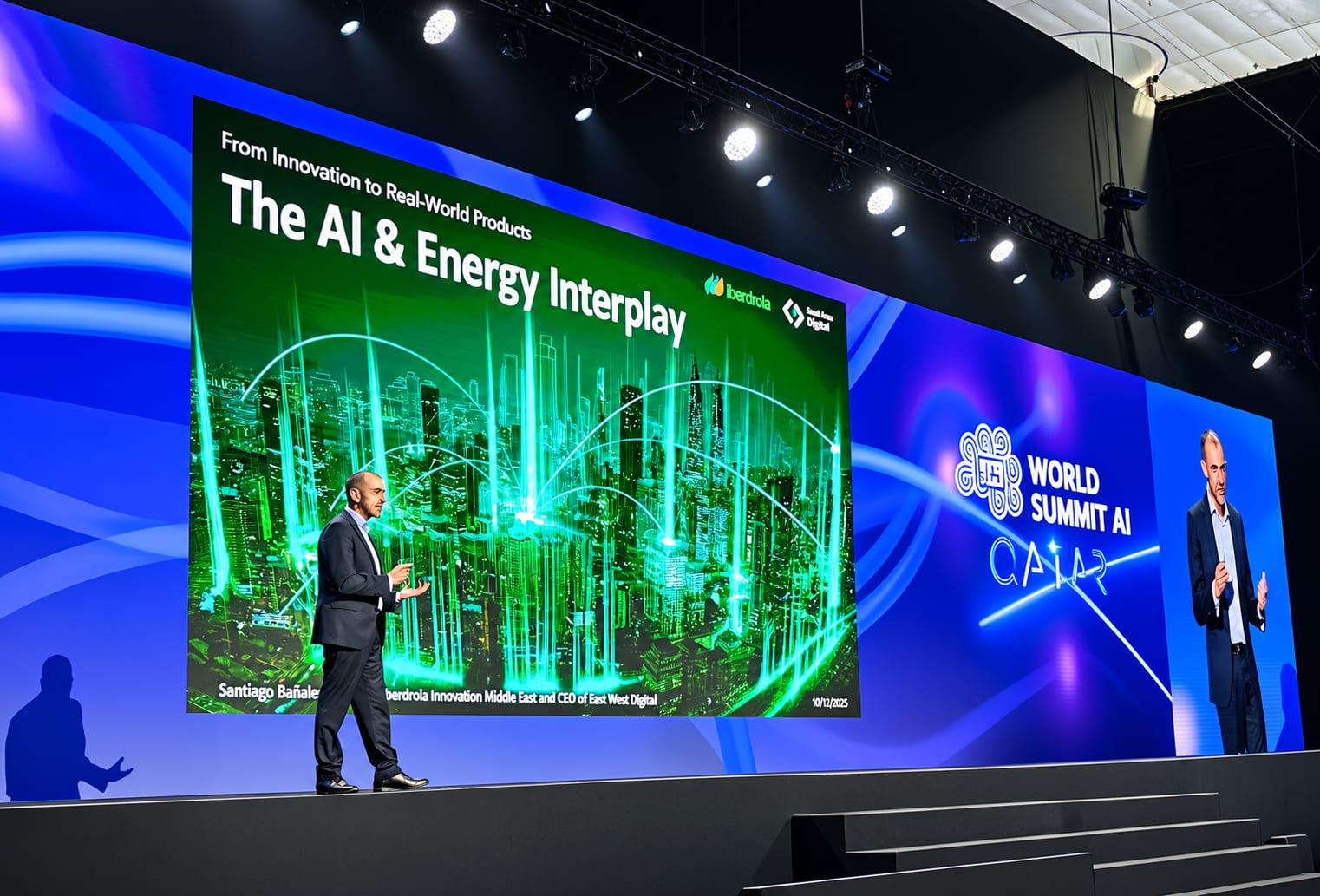Santiago Bañales López, CEO of East-West Digital, presenting “The AI & Energy Interplay” on the main stage of World Summit AI Qatar